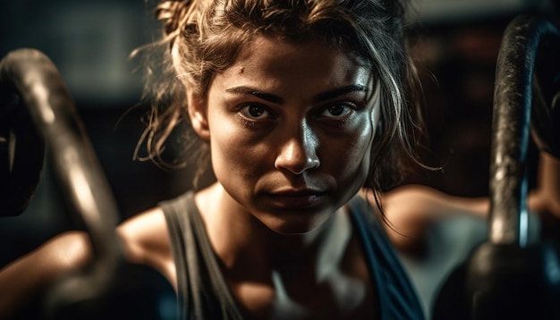 Foto gratuita mujer joven con musculatura levantando pesas generadas por ia