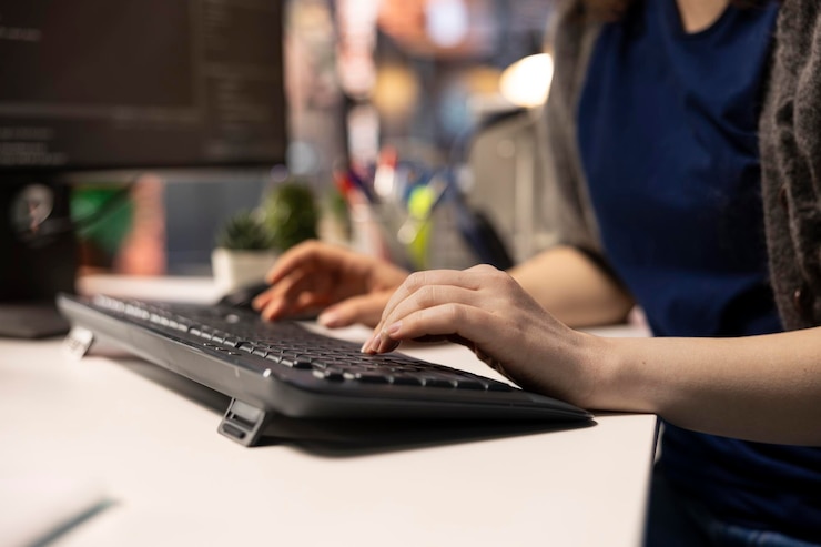 Foto gratuito mujer joven en la oficina mirando la interfaz de usuario en la pantalla de la pc y ejecutando código binario