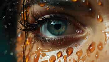 Foto gratuita mujer joven de ojos azules mirando a la cámara húmeda y brillante generada por inteligencia artificial