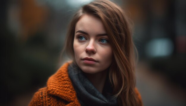 Mujer joven en otoño mirando la cámara generada por AI