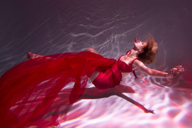 Mujer joven posando sumergido bajo el agua con un vestido fluido