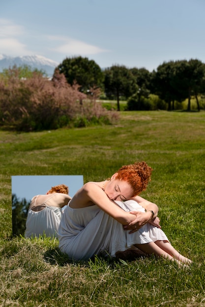 mujer joven, posar, en, el, espejo, en, césped, aire libre