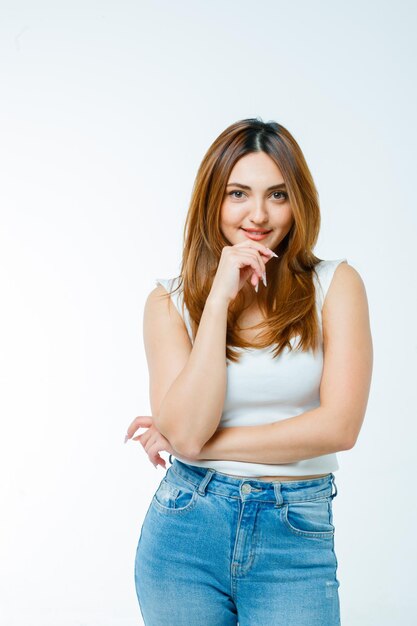 Mujer joven, posición, en, pensamiento, pose