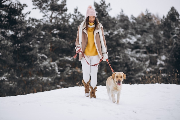 Mujer joven que camina con su perro en un parque de invierno