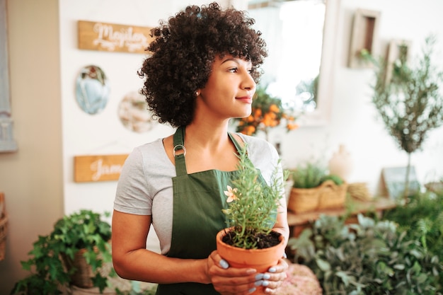 Mujer joven que sostiene la planta en maceta