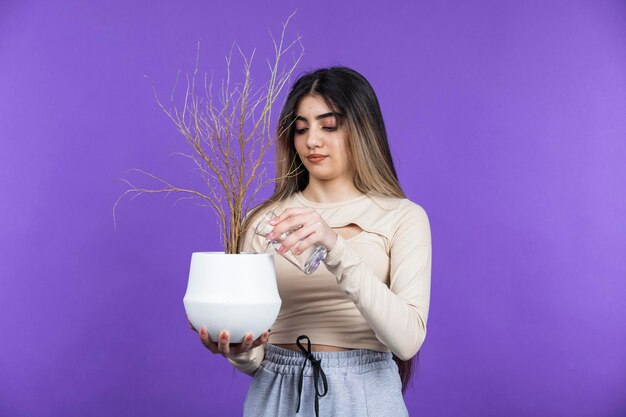 Mujer joven regando flores secas sobre fondo morado Foto de alta calidad