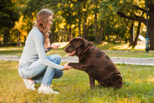 Mujer joven sacudiendo la pata del perro en el parque