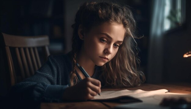 Una mujer joven sentada adentro estudiando felizmente generada por IA