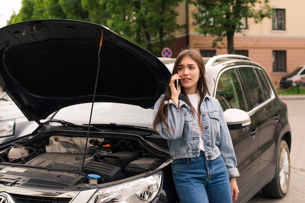 Mujer joven sentada delante de su coche, intenta pedir ayuda con su coche averiado