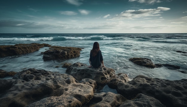 Foto gratuita mujer joven sentada en una roca mirando las olas generadas por ia