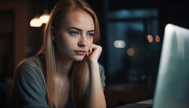 Una mujer joven sentada trabajando en una computadora portátil generada por IA