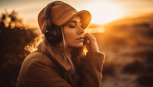 Mujer joven sonriendo escuchando música al aire libre generada por IA