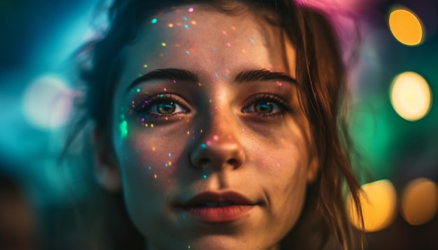 Mujer joven sonriendo iluminada por luces de colores generadas por IA