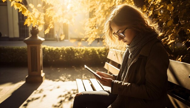 Mujer joven sonriendo leyendo en un banco al aire libre generada por IA