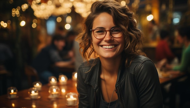 Una mujer joven sonriendo mirando una cámara iluminada por la noche generada por inteligencia artificial