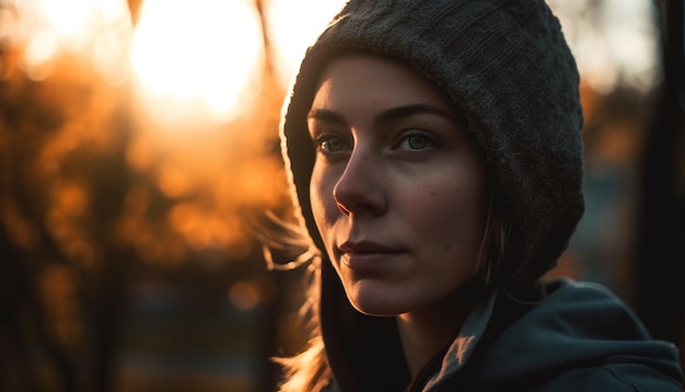 Una mujer joven sonriendo mirando la puesta de sol generada por IA