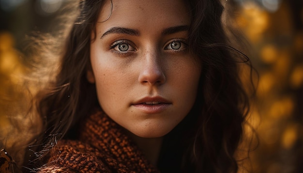 Mujer joven sonriendo en el resplandor del atardecer de otoño generado por IA