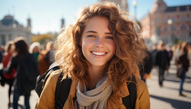 Mujer joven sonriente disfrutando de la vida de la ciudad caminando en invierno generada por inteligencia artificial