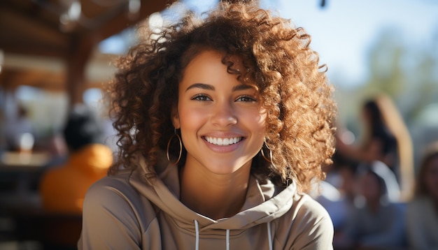 Mujer joven sonriente, felicidad en sus ojos mirando la cámara generada por inteligencia artificial