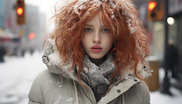 Mujer joven sonriente en invierno mirando la cámara usando ropa abrigada generada por inteligencia artificial