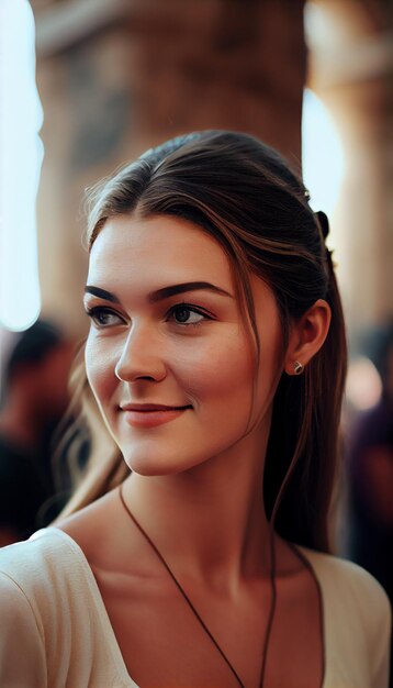 Mujer joven sonriente mirando a la cámara al aire libre IA generativa