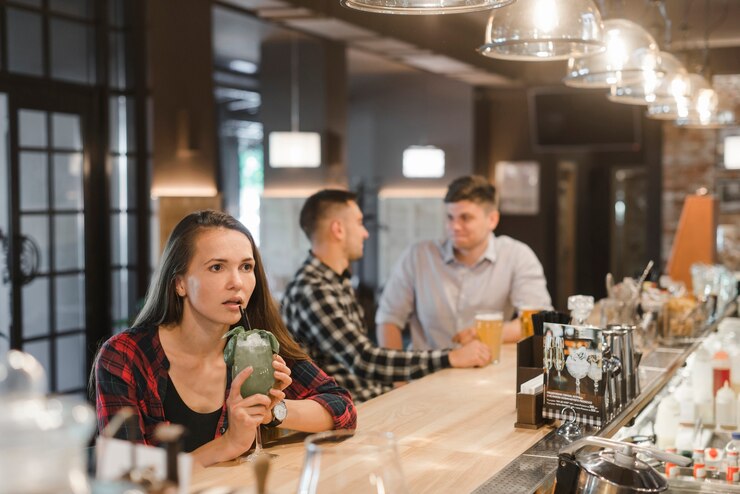 Foto gratuito mujer joven sorprendida que se sienta cerca de la barra que sostiene bebidas