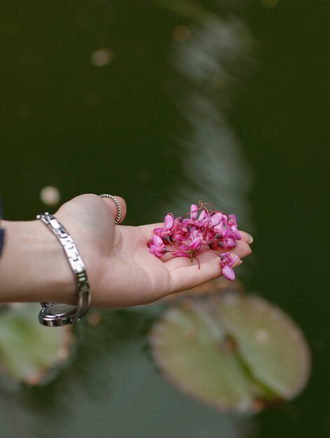 Mujer joven sosteniendo blosssom en la palma de la mano poniendo agua en el río del lago en el parque