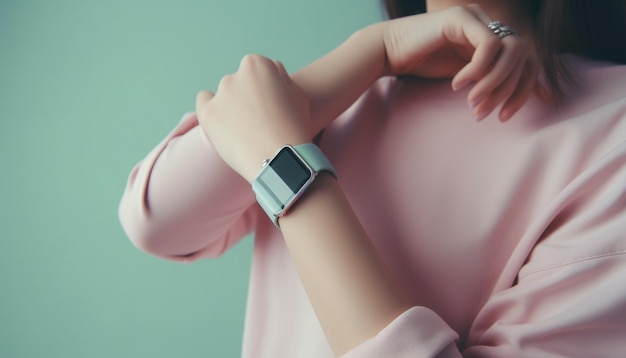 Foto gratuita mujer joven sosteniendo un reloj inteligente viendo el tiempo generado por ia