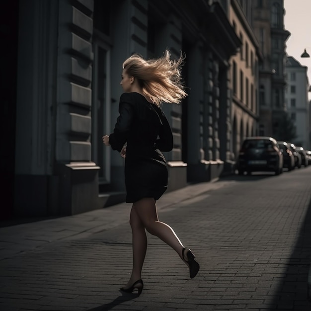 Foto gratuita mujer joven con tacones y ropa formal corriendo por la calle señora llega tarde al trabajo