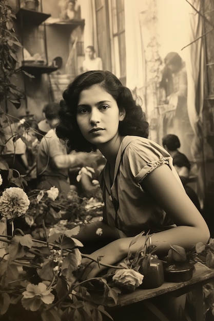 Mujer joven de tamaño medio posando en un retrato vintage