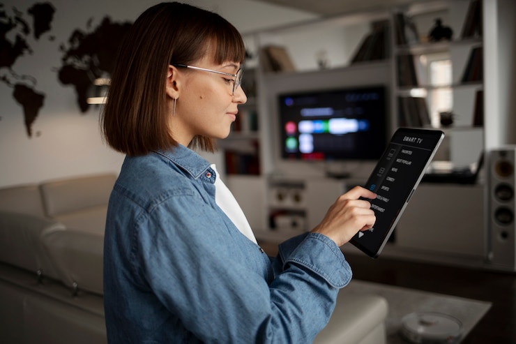Foto gratuito mujer joven con tecnología casera