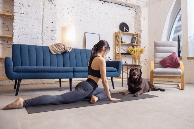 Mujer joven trabajando en casa durante el encierro, ejercicios de yoga con el perro