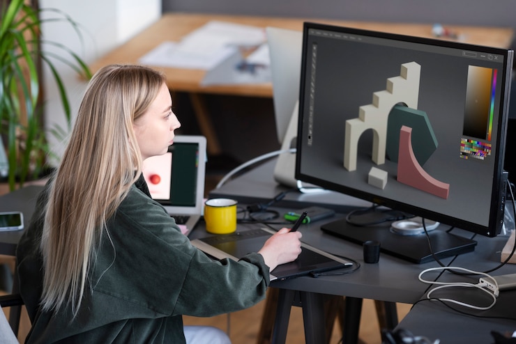 Foto gratuito mujer joven trabajando en un estudio de animación