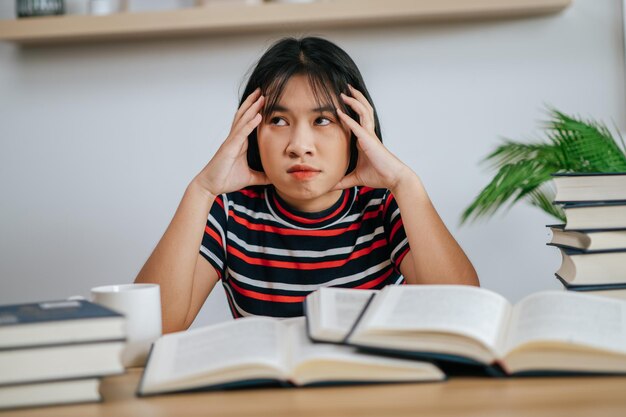 Mujer joven trabajando en un libro sobre la mesa y teniendo estrés