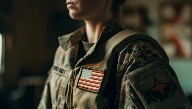 Mujer joven en uniforme militar muestra patriotismo generado por IA