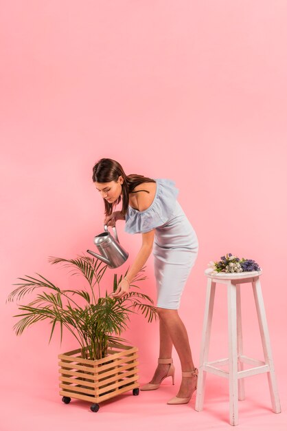 Mujer joven en vestido regando planta verde en maceta