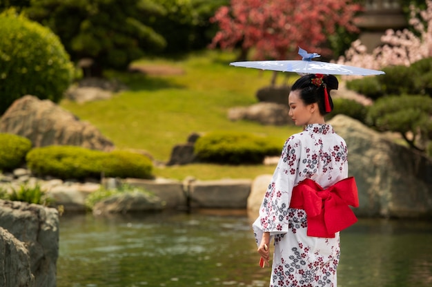 Mujer con kimono y paraguas wagasa