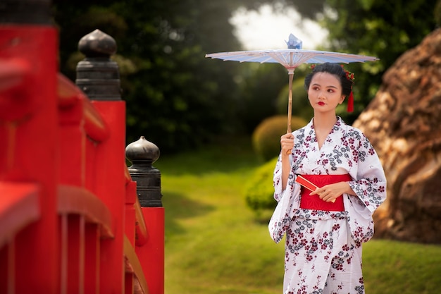 Mujer con kimono y paraguas wagasa