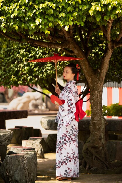 Mujer con kimono y paraguas wagasa