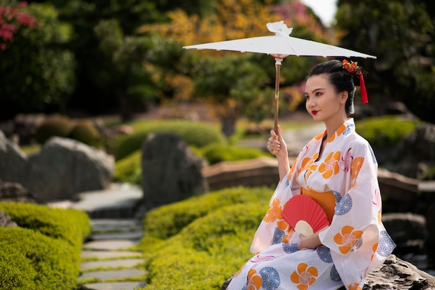 Mujer con kimono y paraguas wagasa