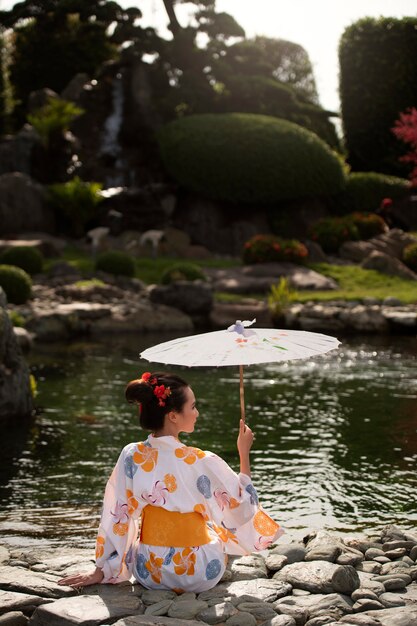 Mujer con kimono y paraguas wagasa