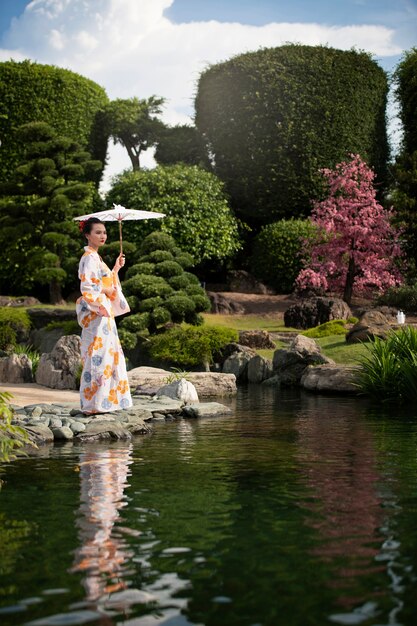 Mujer con kimono y paraguas wagasa