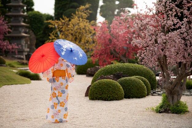 Mujer con kimono y paraguas wagasa