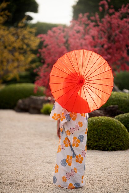 Mujer con kimono y paraguas wagasa