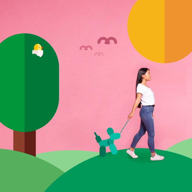 Mujer de lado paseando un perro iconos