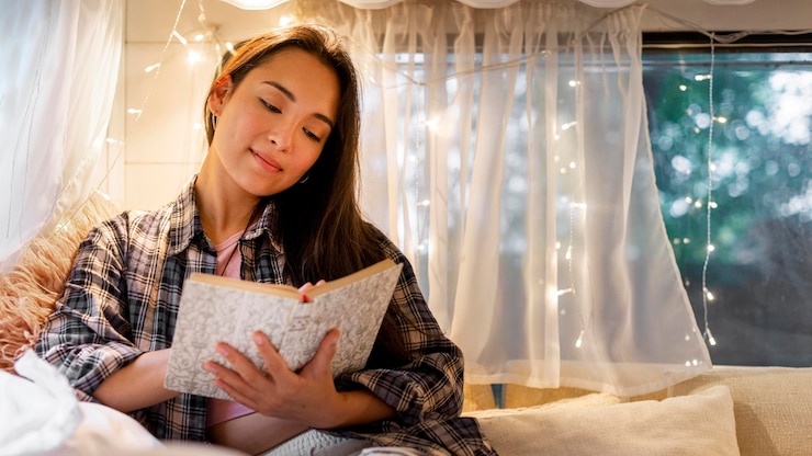 Foto gratuito mujer leyendo un libro en el interior