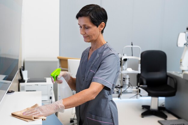 Mujer limpiando el consultorio del oftalmólogo