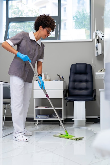 Mujer limpiando el consultorio del oftalmólogo
