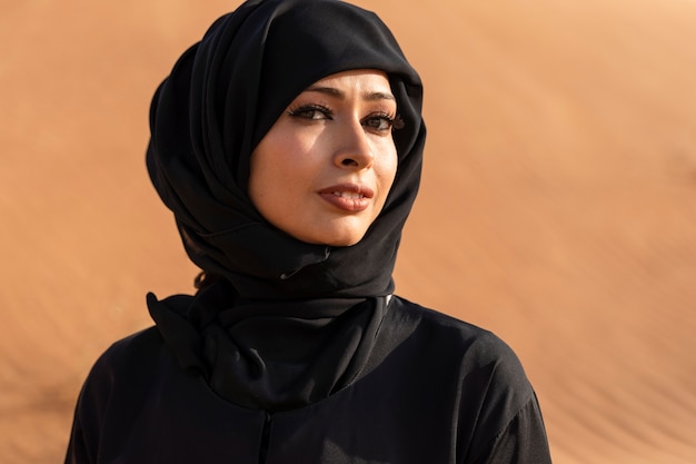 Mujer, llevando, hijab, en, el, desierto