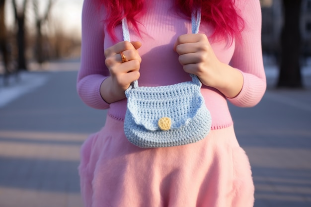 mujer, llevando, tejido, bolsa